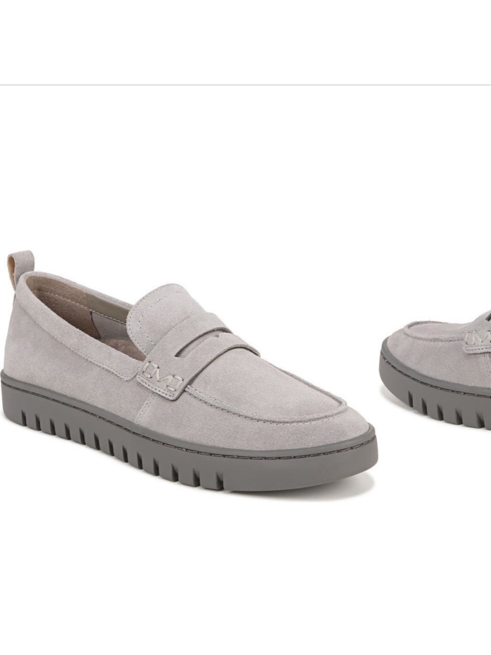 Vionic Uptown Grey Suede Penny Loafers Lug Sole Comfort Shoes Size 9